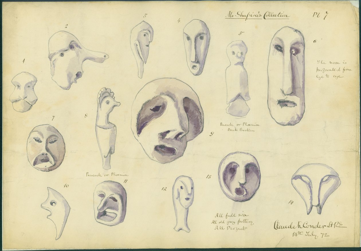 Idoler från Mr Shapiras samling, skylt 7, 1872 (wc och penna på papper) av Claude Conder