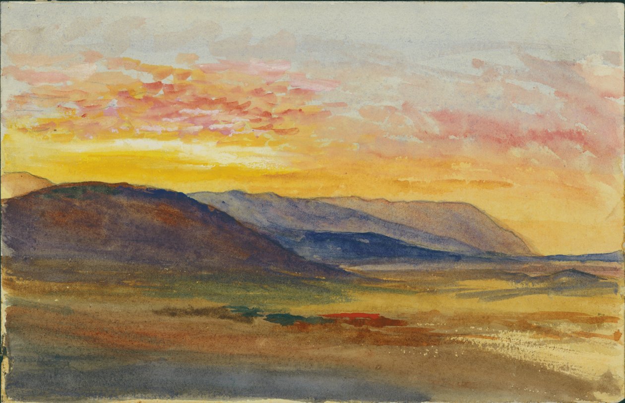 Mount Carmel på hösten, tittar västerut vid solnedgången, 1872 (wc och penna på papper) av Claude Conder