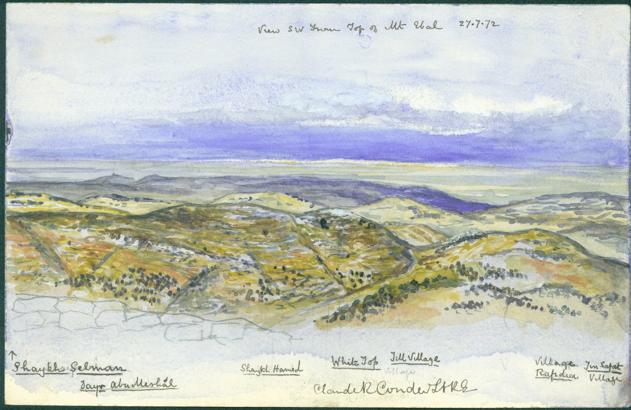 Utsikt från sydväst från toppen av berget Ebal, 1872 (wc och penna på papper) av Claude Conder