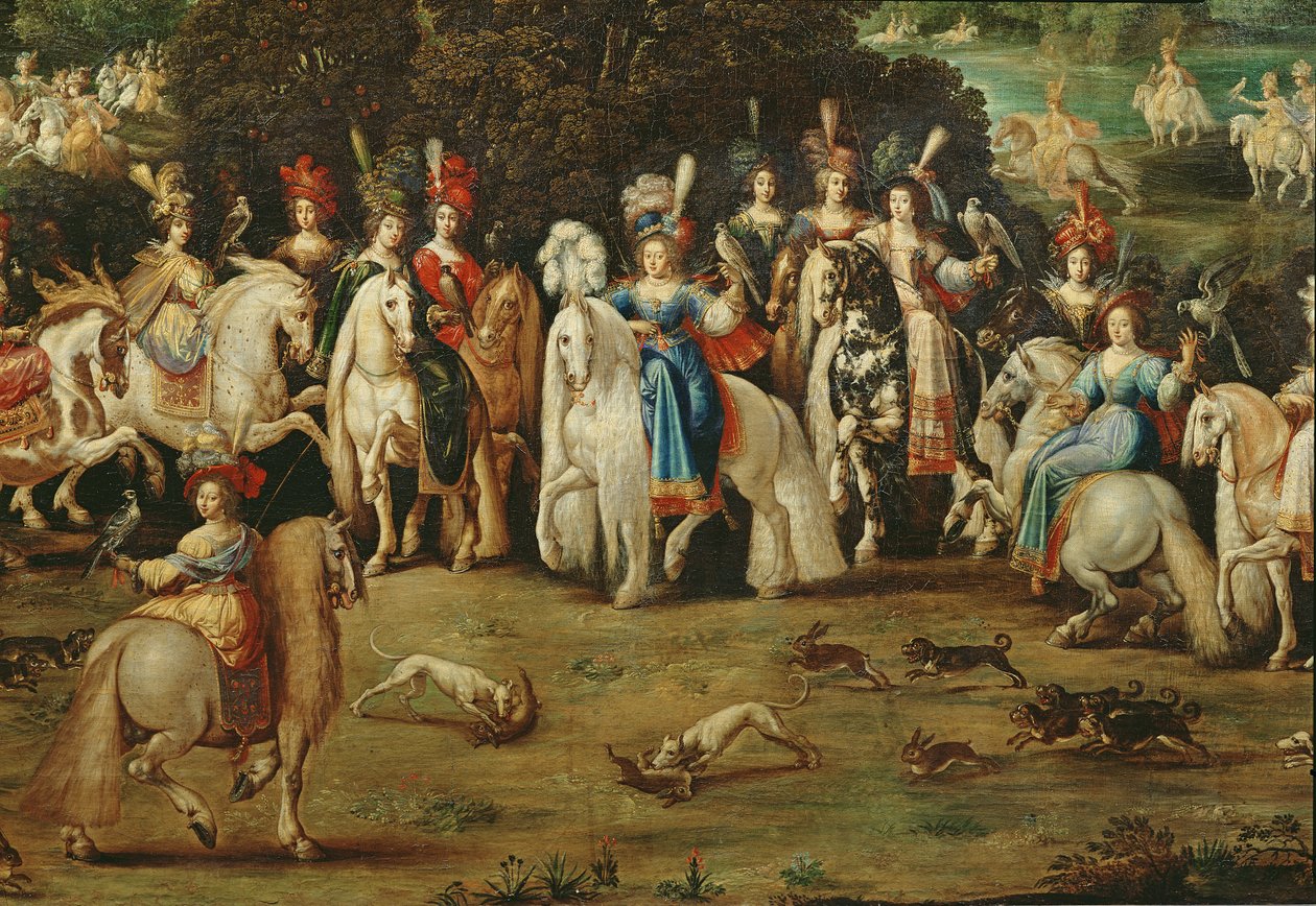 Air, detalj av en grupp kvinnor i centrum och hundar som jagar harar, ca 1640-41 av Claude Deruet