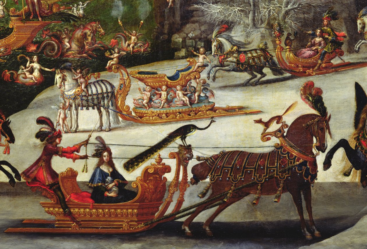 Vatten, detalj av en påfågel som sitter på en släde, ca 1640-41 (detalj av 387338) av Claude Deruet