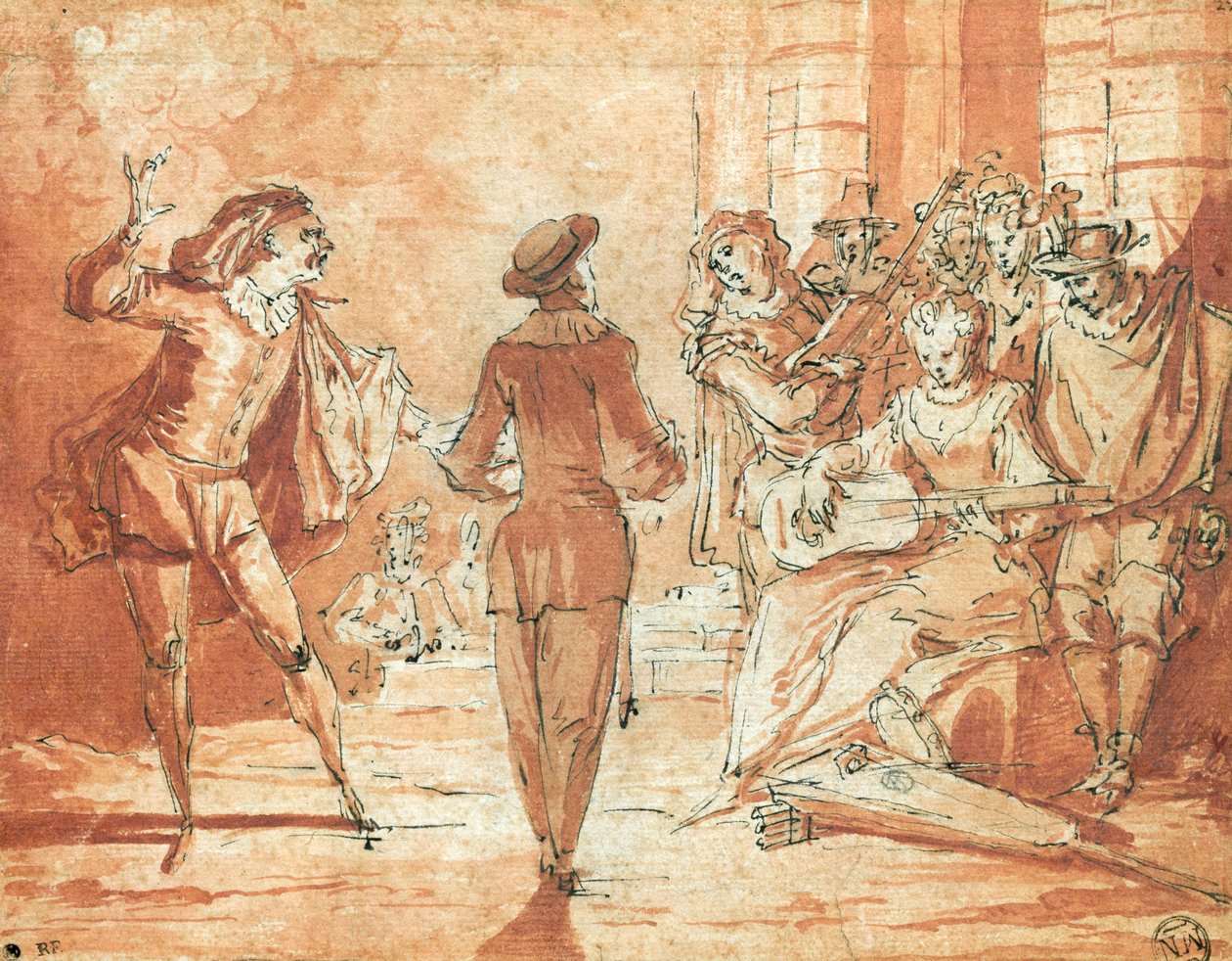 Teaterscen (penna och bläck och sangvin på papper) av Claude Gillot