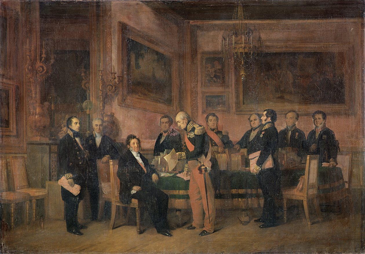 Ministerrådet vid Tuilerierna undertecknar Regencyslagen, 15 augusti 1842, 1844 av Claude Jacquand