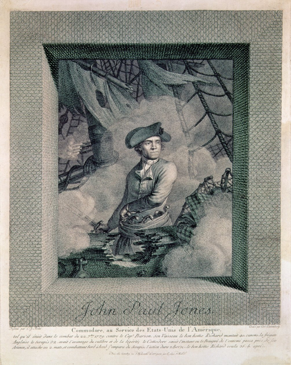 Porträtt av John Paul Jones, graverad av Carl Guttenberg (1743-90), ca 1781 av Claude Jacques Notte