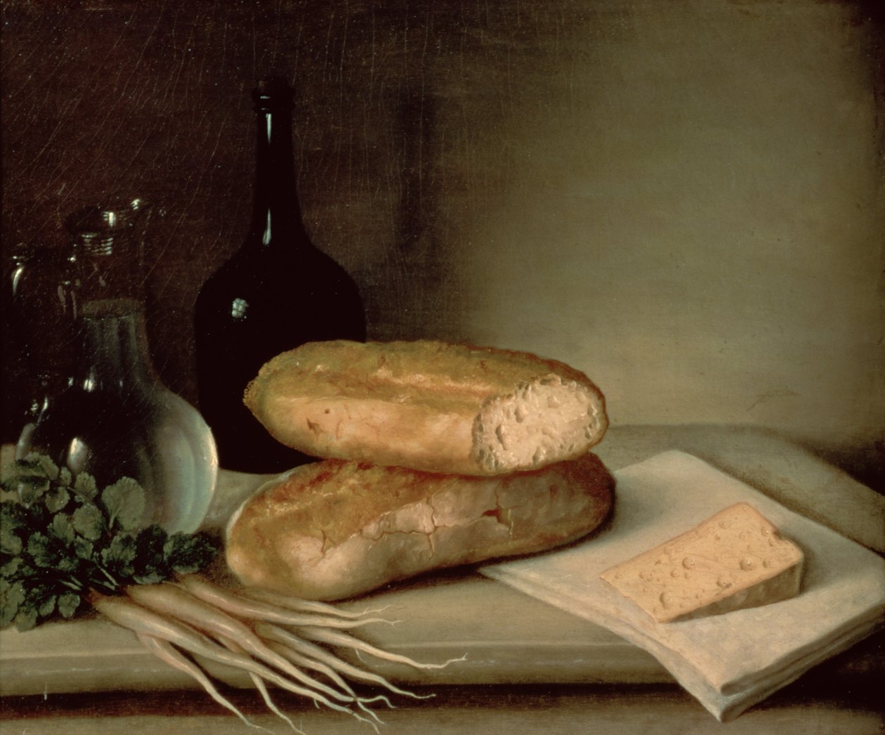 Stilleben med bröd, ost och en vinflaska av Claude Joseph Fraichot