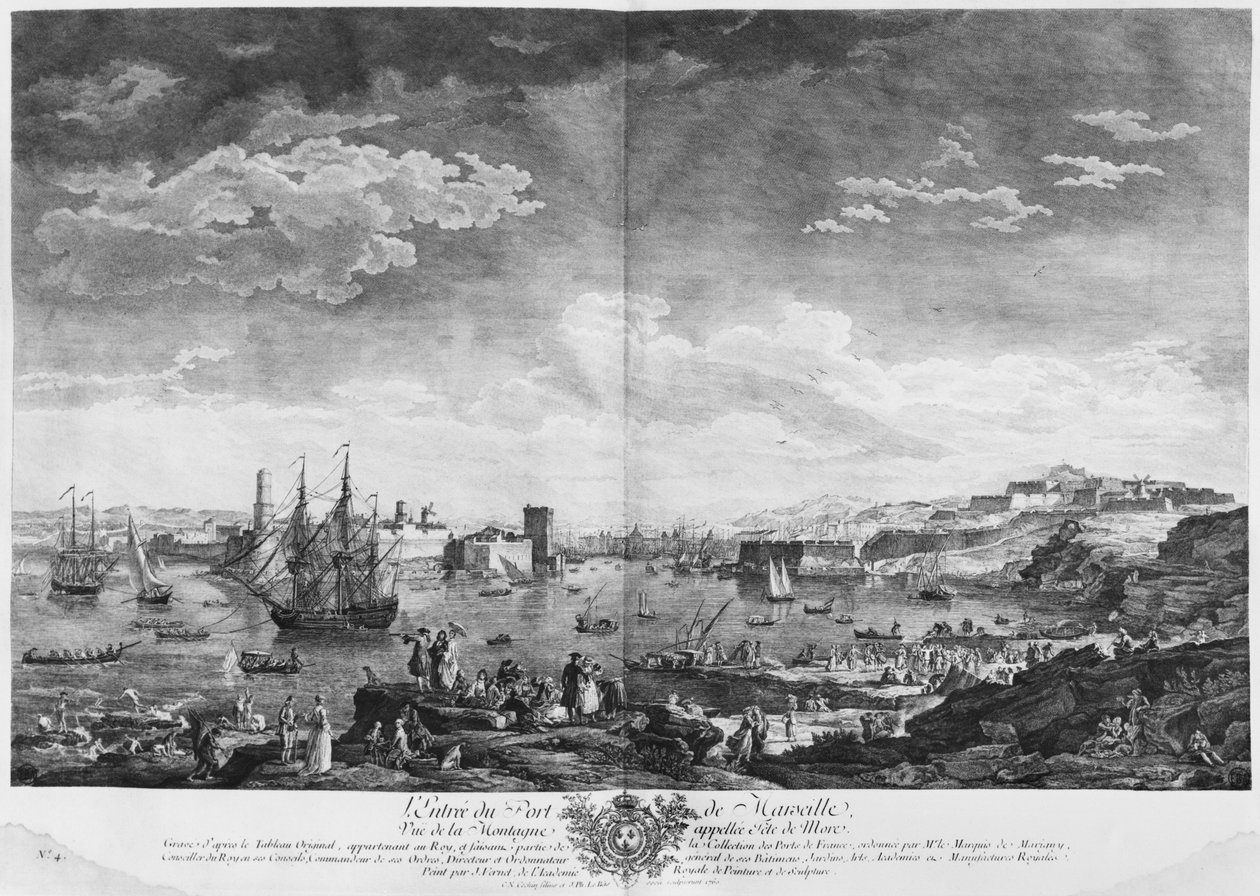 Ingången till Marseilles hamn, sett från berget Tete de More, serie "Les Ports de France", graverad av Charles Nicolas Cochin den yngre (1715-90) och Jacques Philippe Le Bas (17) av Claude Joseph Vernet