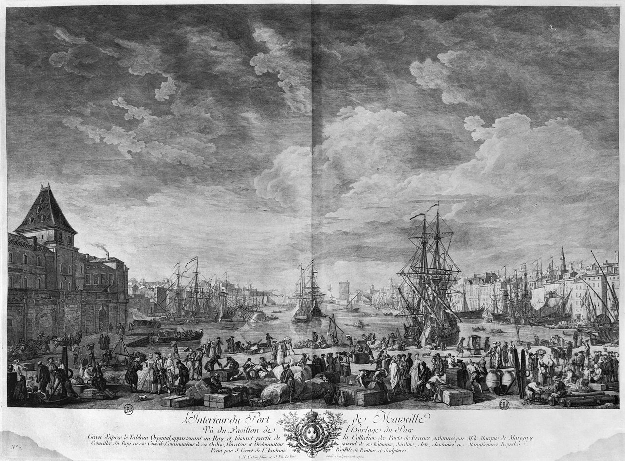 Marseilles inre hamn, sett från Paviljongen i Horloge du Parc, serie "Les Ports de France", graverad av Charles Nicolas Cochin den yngre (1715-90) och Jacques Philippe Le Bas (1707-83) av Claude Joseph Vernet
