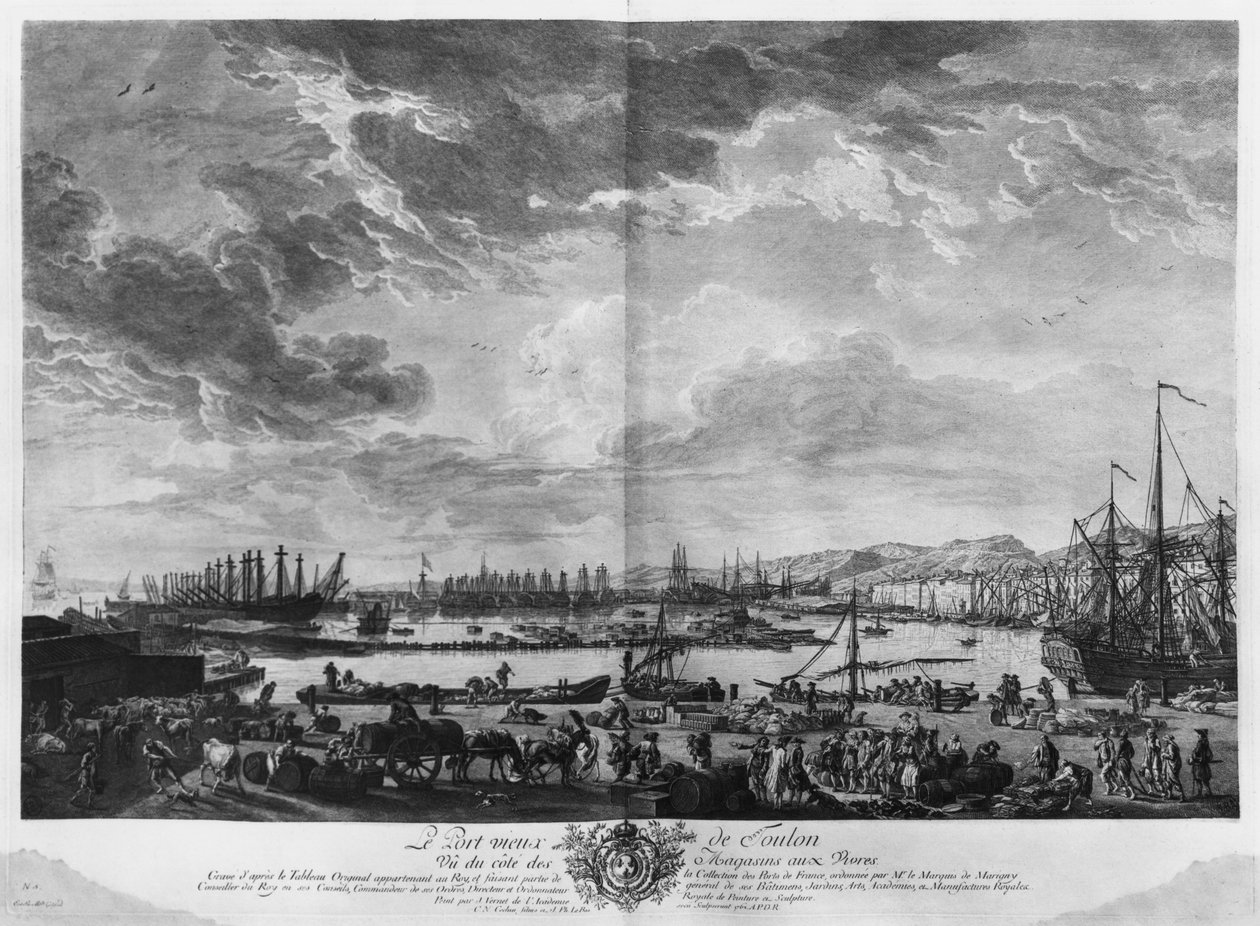 Gamla hamnen i Toulon, sett från kvartermästarens butiker, serie "Les Ports de France", graverad av Charles Nicolas Cochin den yngre (1715-90) och Jacques Philippe Le Bas (1707-83) 1762 (se även av Claude Joseph Vernet