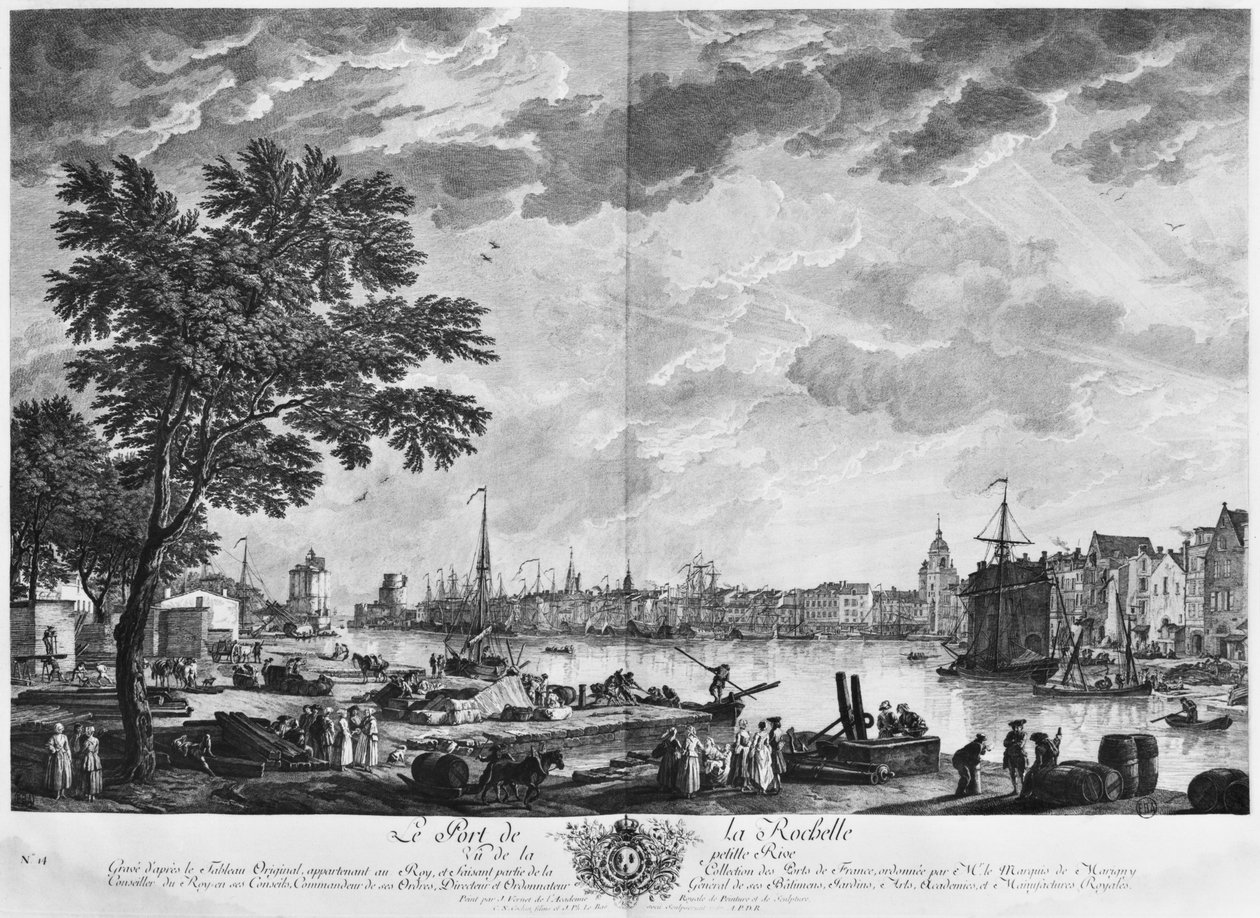 La Rochelles hamn, sedd från den lilla stranden, serie av "Les Ports de France", graverad av Charles Nicolas Cochin den yngre (1715-90) och Jacques Philippe Le Bas (1707-83) 1767 (etsning und burin) av Claude Joseph Vernet