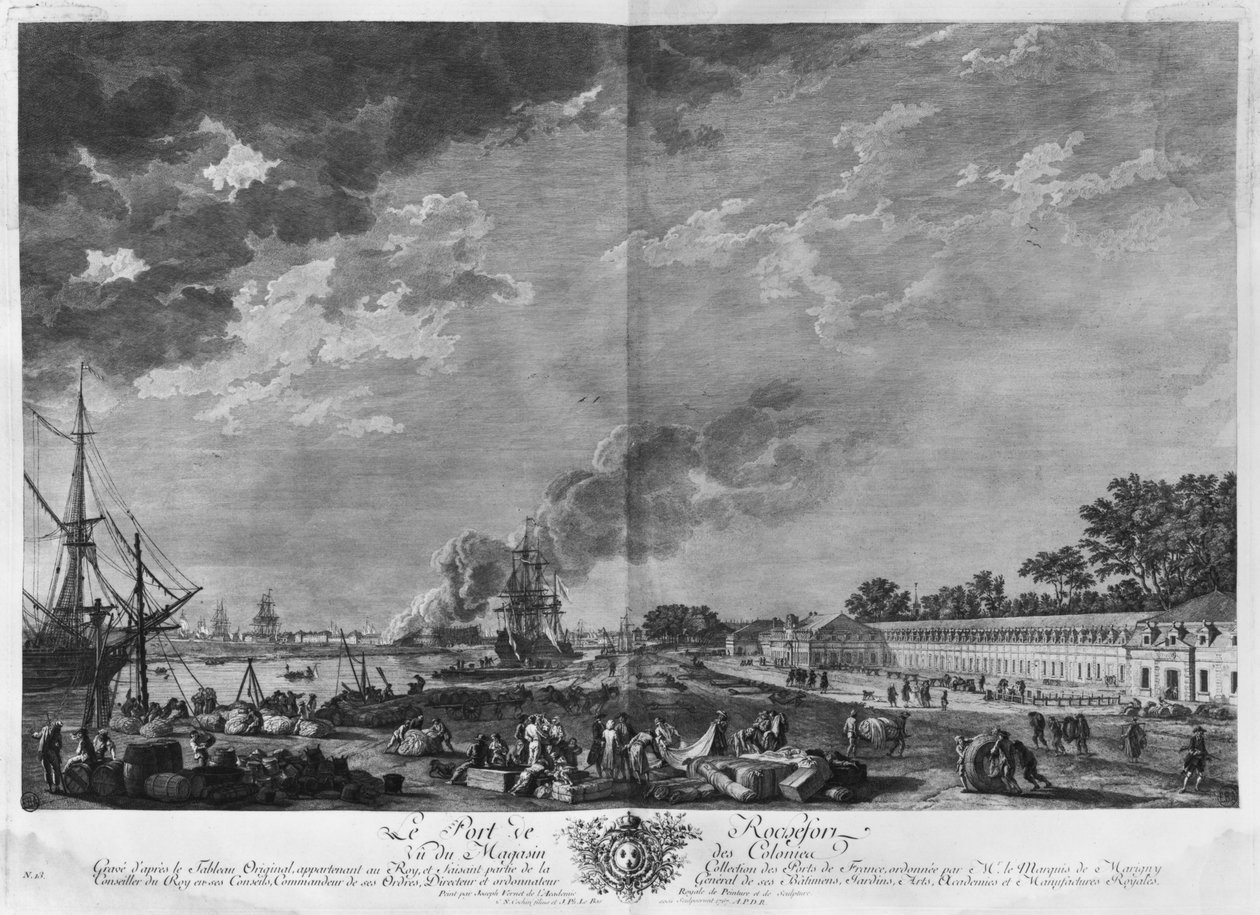 Rochefort hamn, sedd från kolonilagret, serie av "Les Ports de France", graverad av Charles Nicolas Cochin den yngre (1715-90) och Jacques Philippe Le Bas (1707-83) 1767 (etsning und burin) av Claude Joseph Vernet