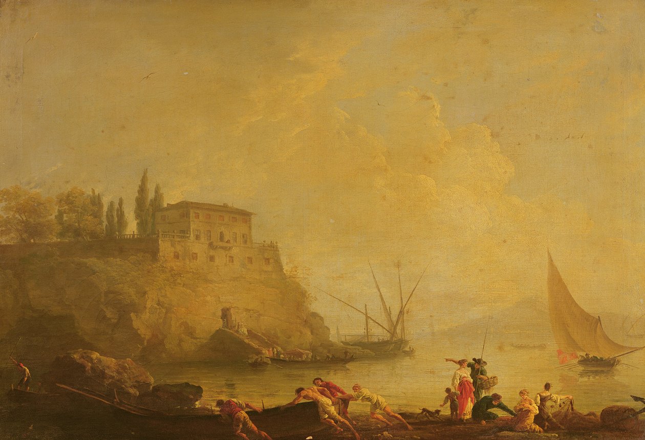 Havslandskap, solnedgång: fiskare som skjuter ut en båt av Claude Joseph Vernet