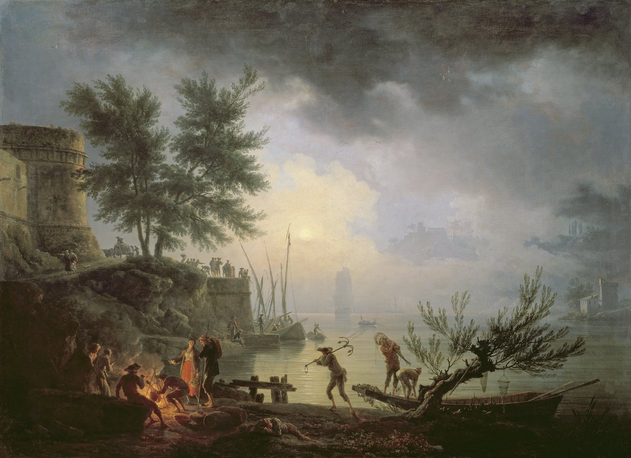 Soluppgång, en kustscen med figurer runt en eld, 1760 av Claude Joseph Vernet