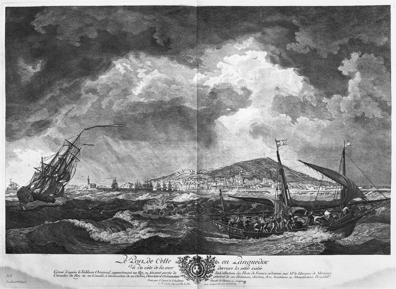 Hamnen i Cette i Languedoc sett från havet bakom den isolerade bryggan, serie "Les Ports de France", graverad av Charles Nicolas Cochin den yngre (1715-90) och Jacques Philippe Le Bas (1707- av Claude Joseph Vernet