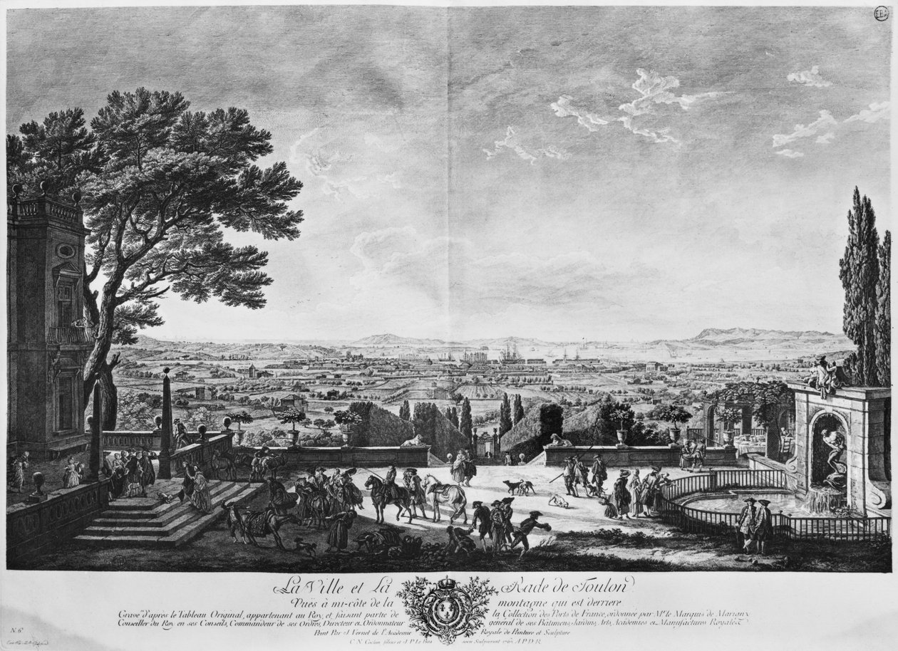 Staden och hamnen i Toulon, sett från halvvägs nerför berget bakom, serie "Les Ports de France", graverad av Charles Nicolas Cochin den yngre (1715-90) och Jacques Philippe Le Bas (1707-83) 176 av Claude Joseph Vernet