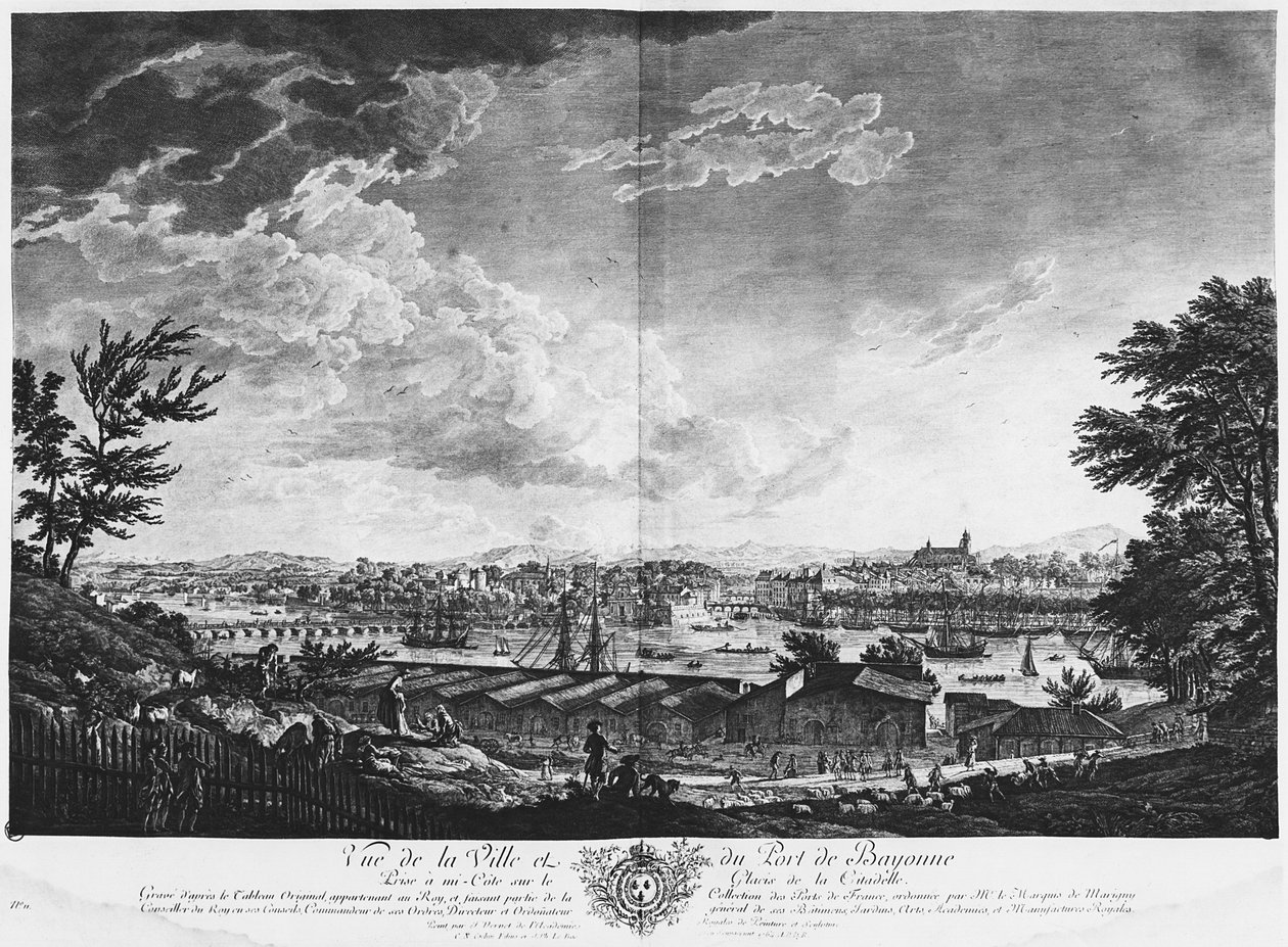 Utsikt över staden och hamnen i Bayonne sett från halvvägs ner i citadellet, serie "Les Ports de France", graverad av Charles Nicolas Cochin den yngre (1715-90) och Jacques Philippe Le Bas (1707-83) av Claude Joseph Vernet