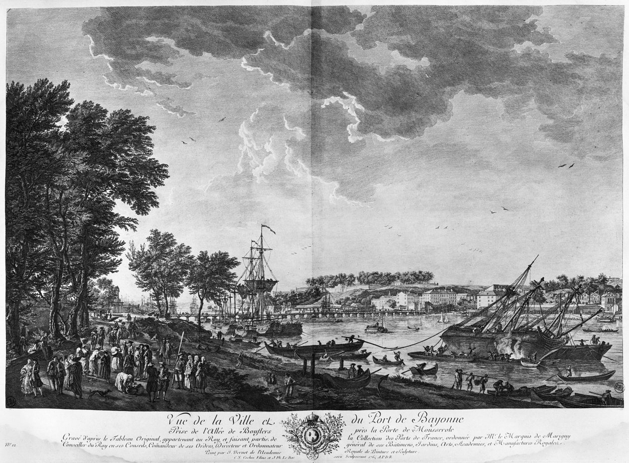 Utsikt över staden och hamnen i Bayonne sett från avenyn Boulders nära porten till Mousserole, serie "Les Ports de France", graverad av Charles Nicolas Cochin den yngre (1715-90) och Jacques av Claude Joseph Vernet