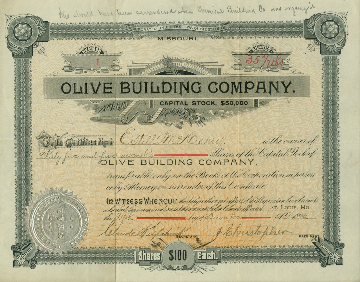 Olive Street Building Company stock certificate issued to Estill M. Henry, December 5, 1892 av Claude Kirkpatrick