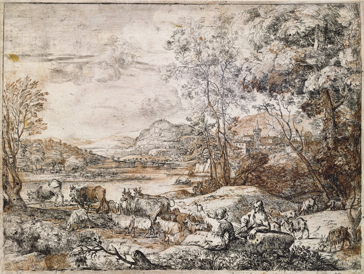 En herde och herdinna samtalar (penna, bläck och tvätt på papper) av Claude Lorrain