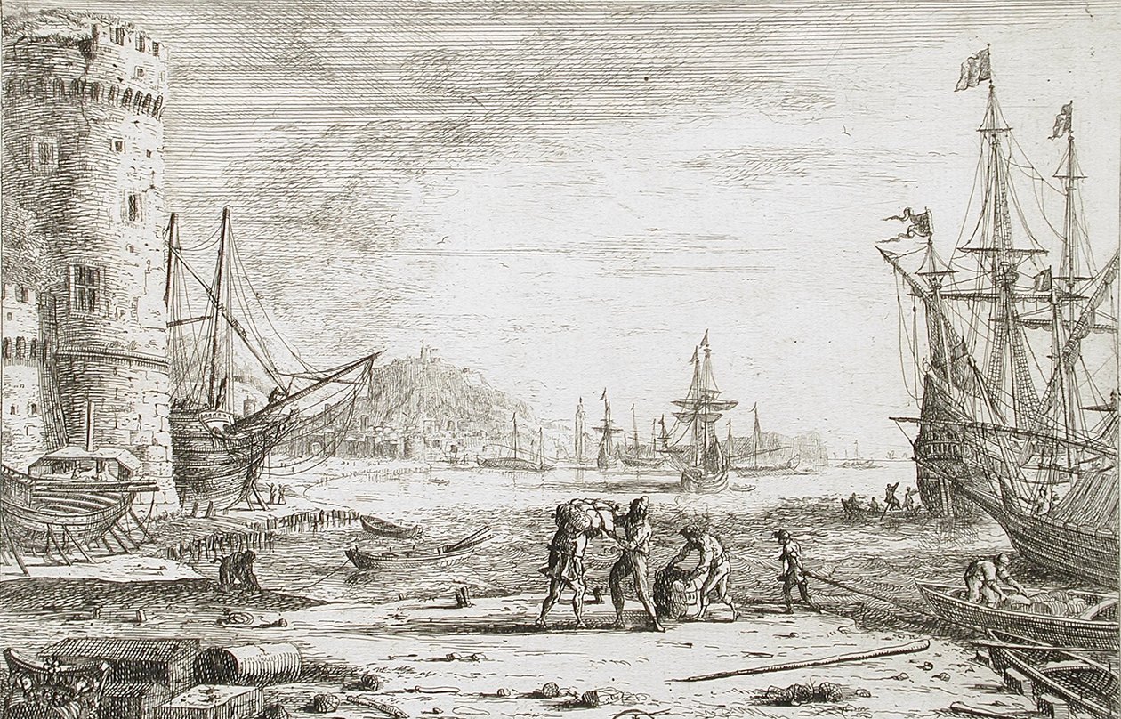 Harbor with a Large Tower av Claude Lorrain