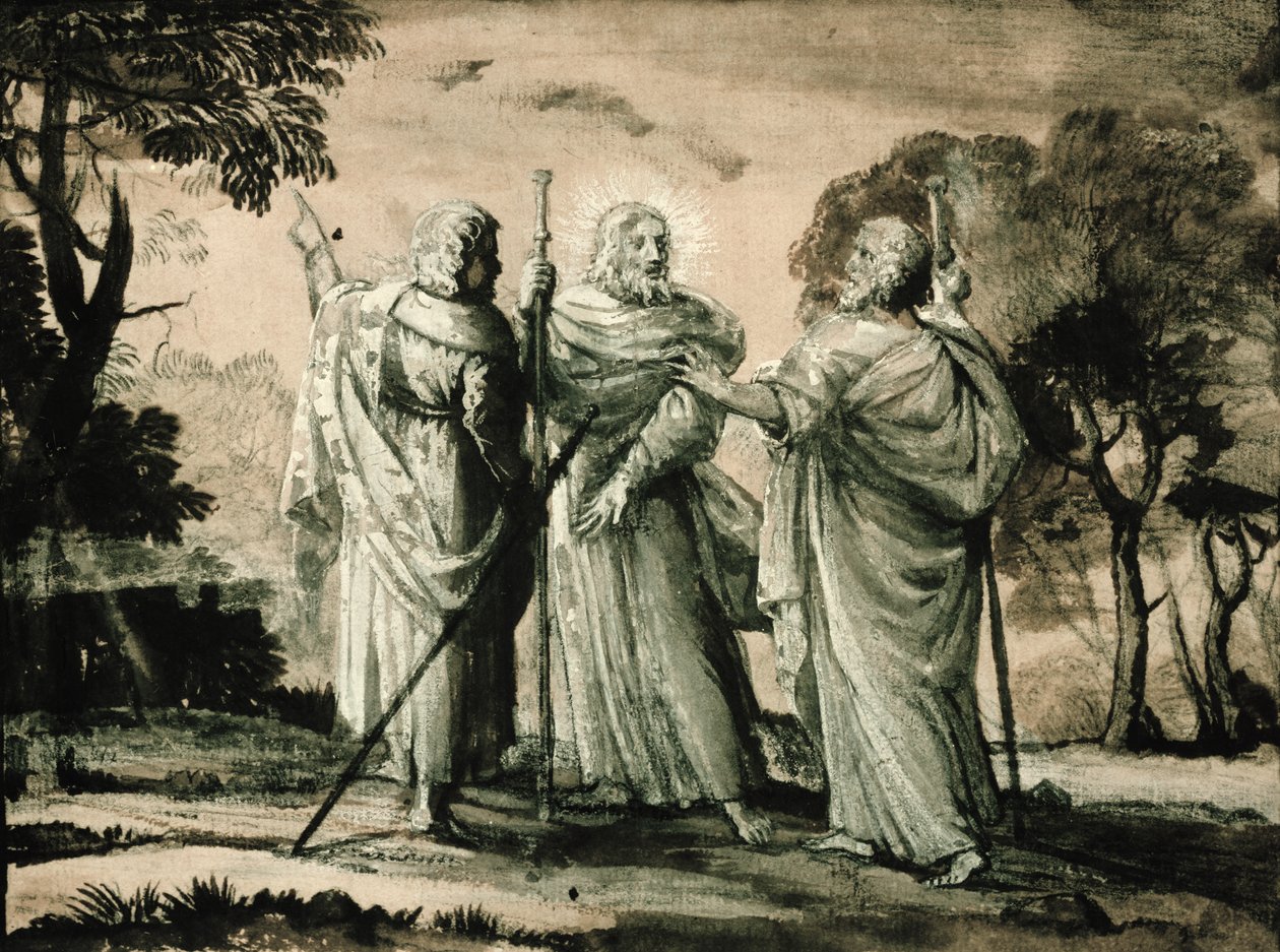Resan till Emmaus (svart krita och gouache på papper) av Claude Lorrain