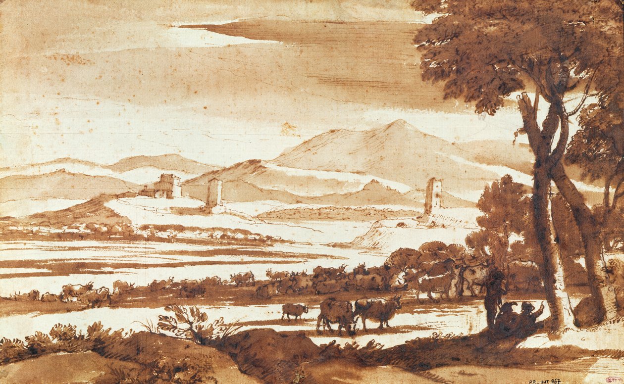 Landskap på den romerska landsbygden, 1643 (penna och bläcktvätt på papper) av Claude Lorrain