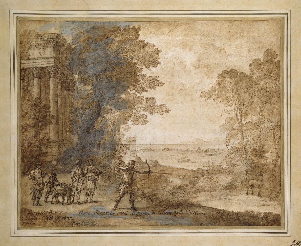 Landskap med Askanius som skjuter Sylvias hjort, 1680-82 (Svagt svart krita med penna och brunt bläck, brun tvätt och vit bodycolour) av Claude Lorrain