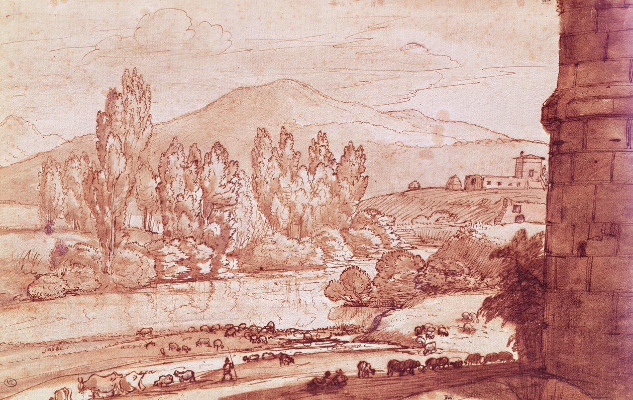 Landskap med en flod, en boskapsbesättning och en herde (penna, wc och bistre tvätt) av Claude Lorrain