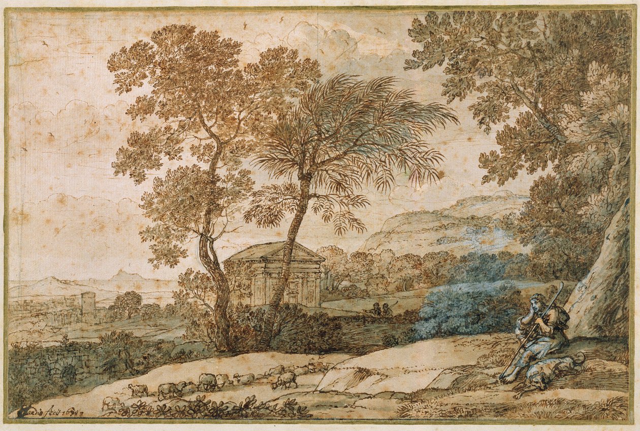 Landskap med en herde och hans hund (penna och bläck på papper) av Claude Lorrain