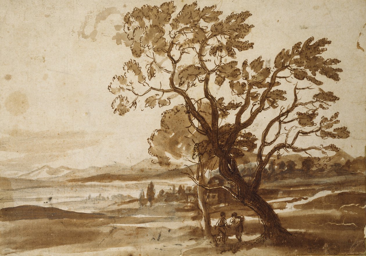 Landskap med två träd, ca 1638 (svart krita med penna och brunt bläck och brun tvätt på benvitt papper) av Claude Lorrain