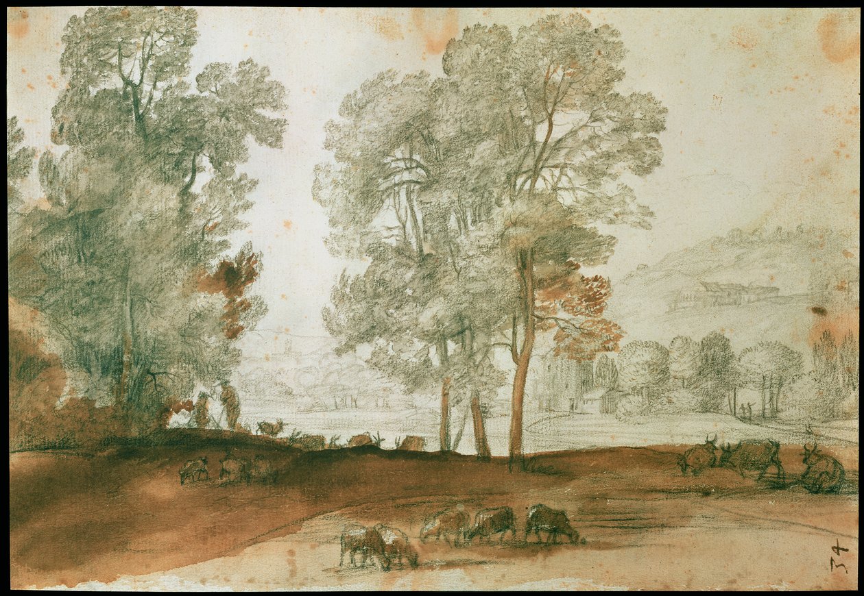 Pastoralt landskap (svart krita och tvätt på papper) av Claude Lorrain
