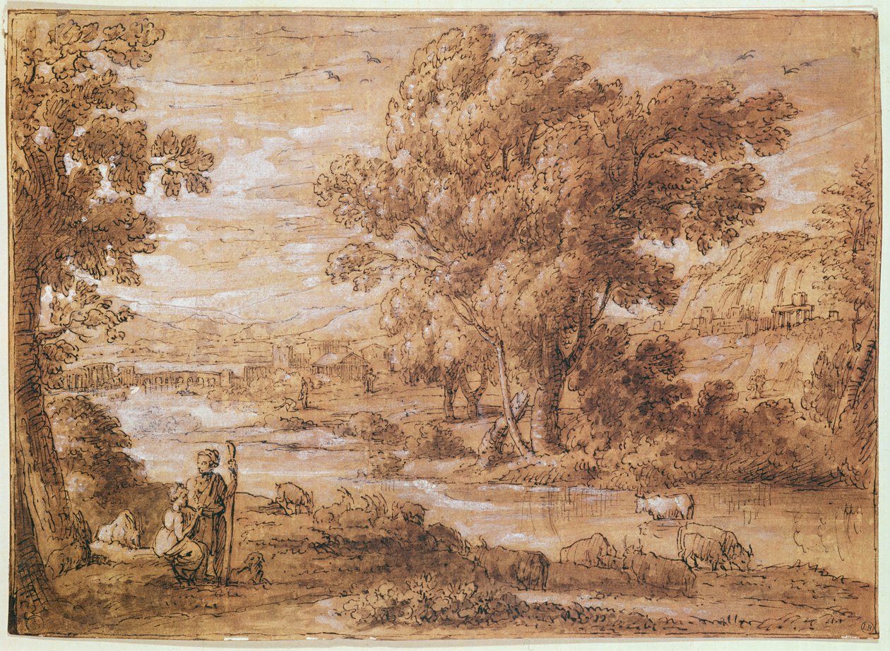 Shepherd and Shepherdess (penna, akvarell och bistretvätt) av Claude Lorrain