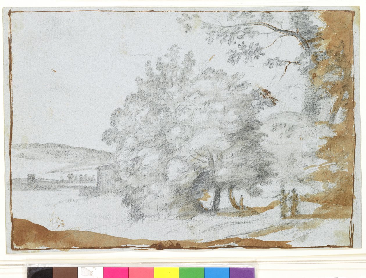 Solbelyst landskap med träd (svart krita och brun tvätt på papper) av Claude Lorrain