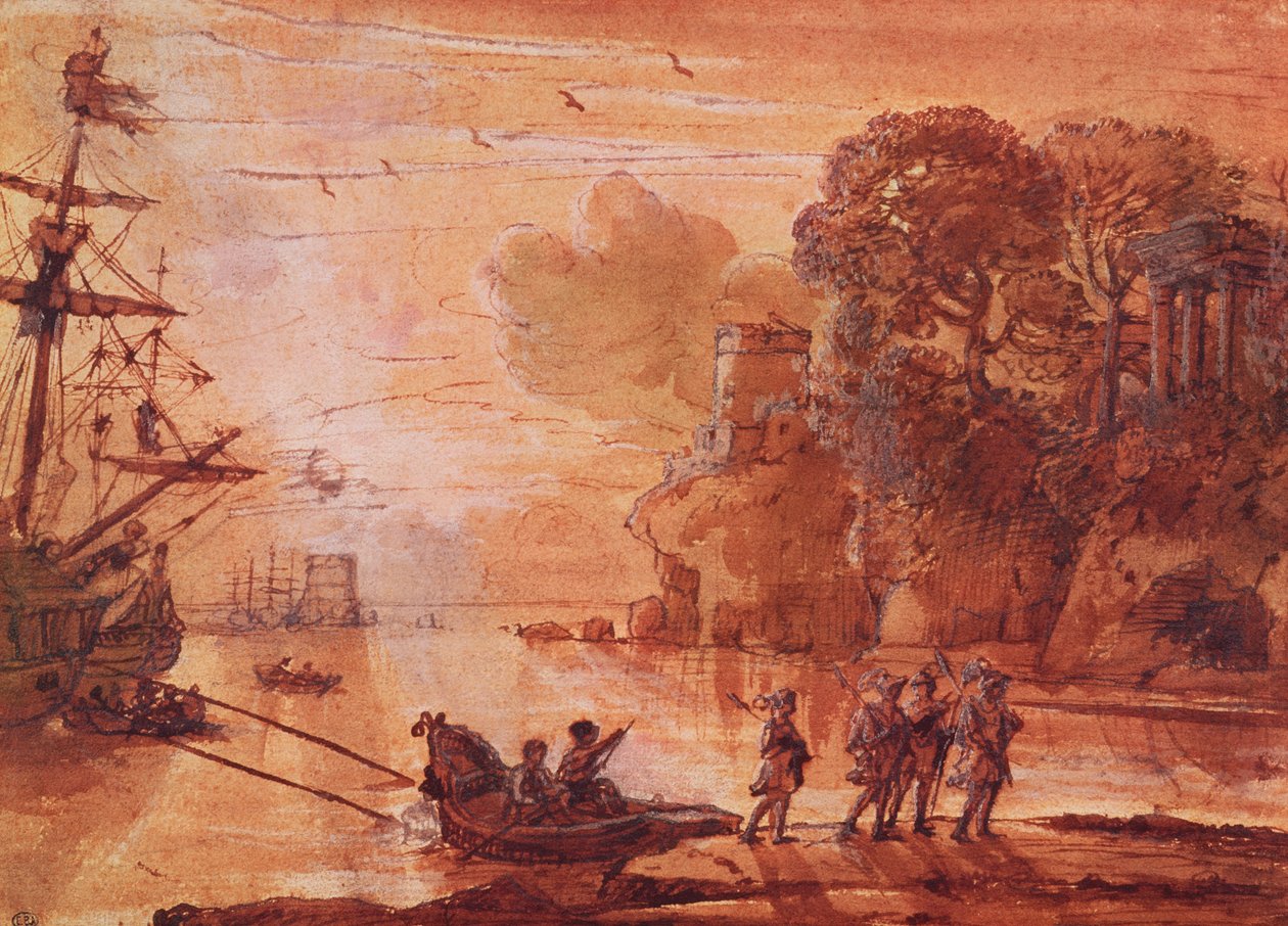 Krigares landstigning i en hamn, möjligen Aeneas i Latium, 1660-65 (penna och bläcktvätt med gouache på papper) av Claude Lorrain