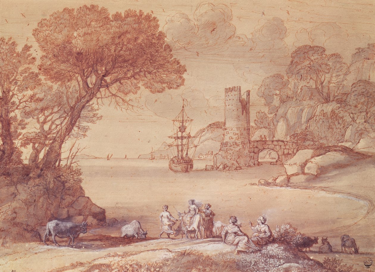 The Rape of Europa, 1655 (penna, bläck och tvätt) av Claude Lorrain