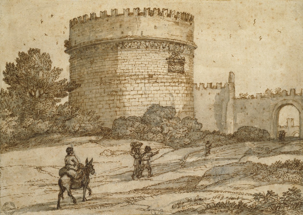 Cecilia Metellas grav, 1669 (svart krita med penna och brunt bläck och gråbruna tvättar på ett benvitt papper med fin yta) av Claude Lorrain