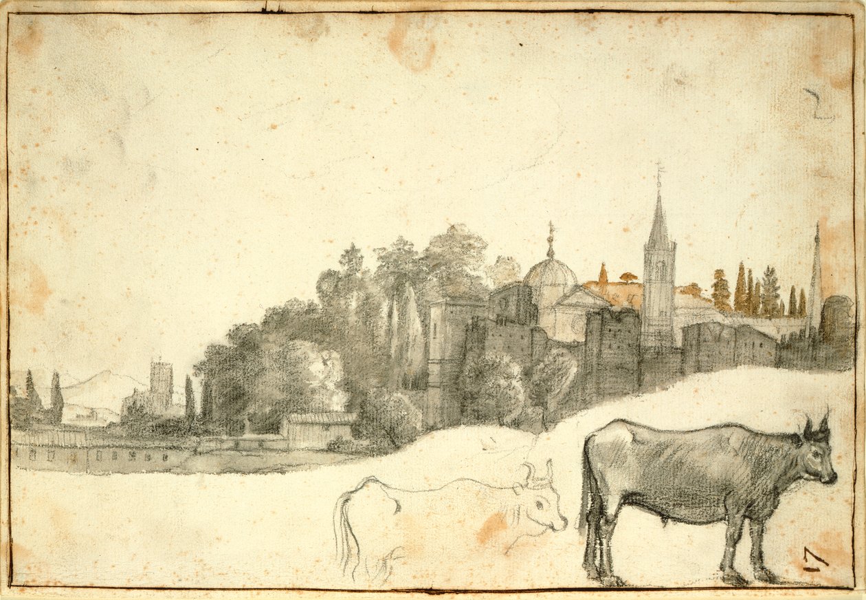 Utsikt utanför Piazza del Popolo (svart krita och tvätt på papper) av Claude Lorrain