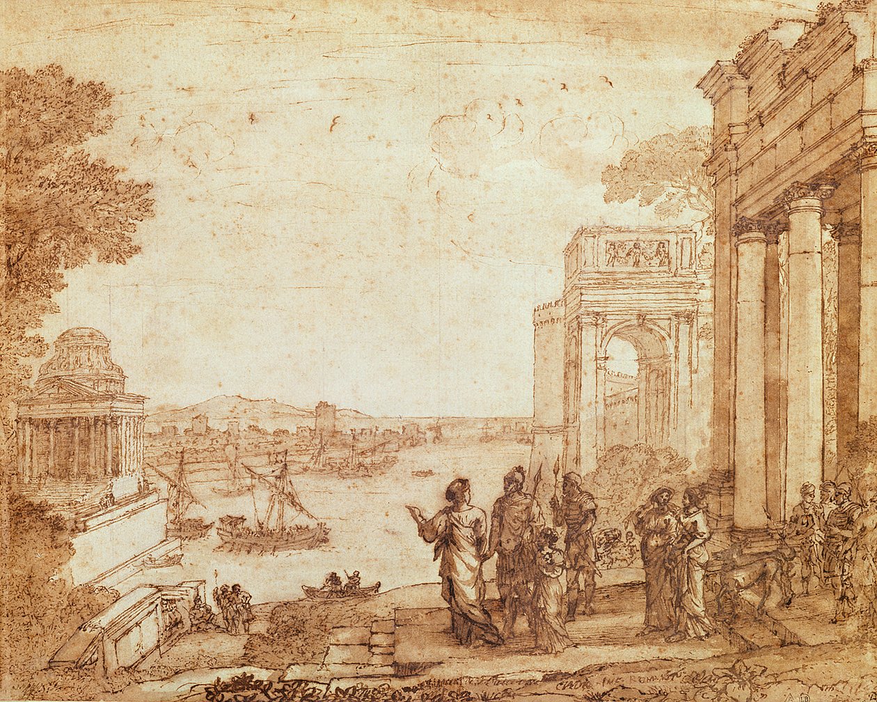 Vy över Karthago med Dido och Aeneas (penna, akvarell och bistre wash) av Claude Lorrain