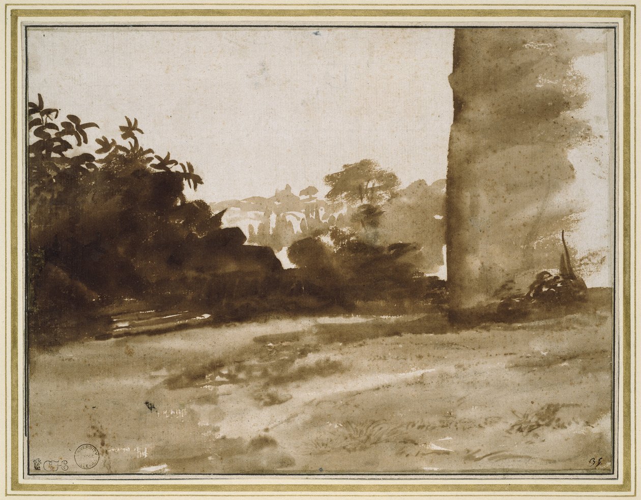 Vy över buskage med en vägg till höger, ca 1640 (svaga spår av svart krita med pensel och brun tvätt på vitt papper) av Claude Lorrain