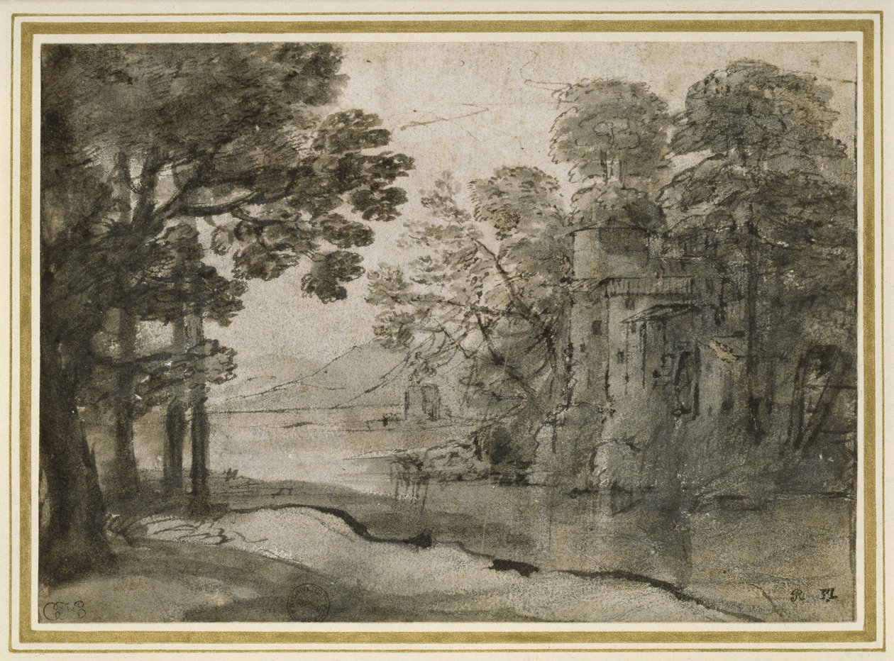 Vattenkvarn bland träd, ca 1635-38 (penna och svart bläck med grå tvätt över svart krita på vitt papper) av Claude Lorrain