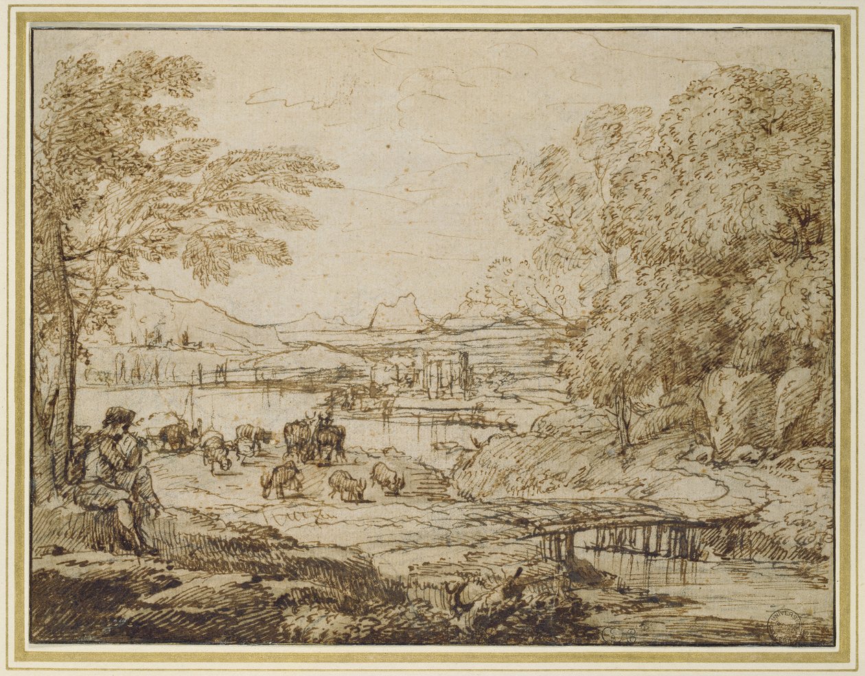 Ungdom som spelar pipa i ett pastoralt landskap, ca 1640-tal (svart krita med penna och brunt bläck samt ljusbrun tvätt på ljusbeige papper) av Claude Lorrain