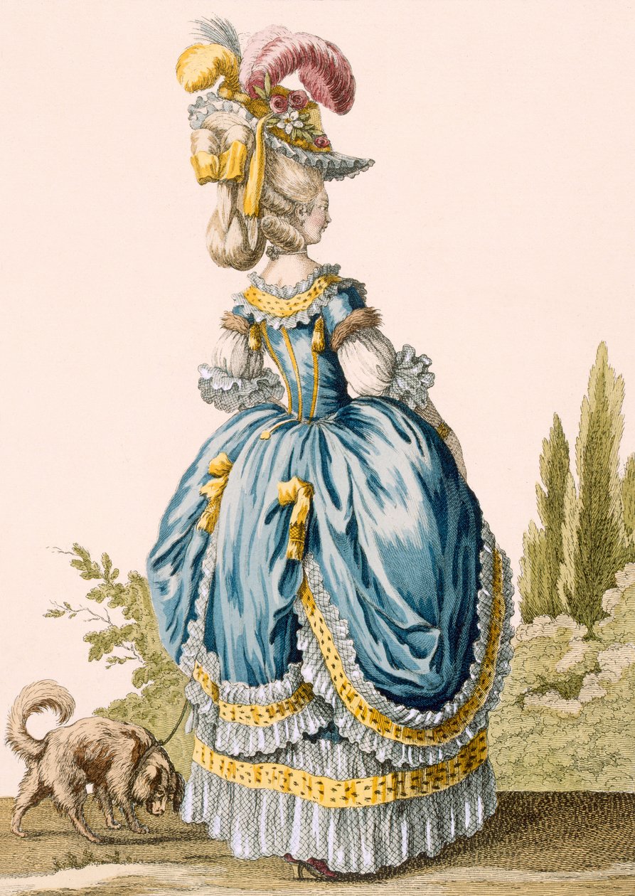 Baksidan av en damklänning, graverad av Voysard, platta nr 8 från "Galeries des Modes et Costumes Francais", ca 1778-87 av Claude Louis Desrais