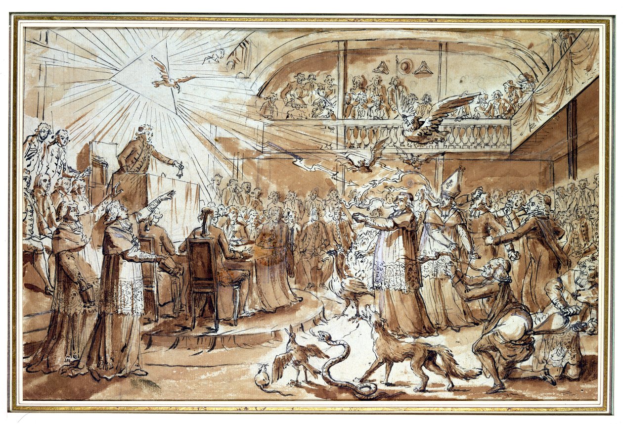Karikatur af gejstligheden ved den grundlovgivende forsamling i december 1790, der modbeviser påtvingelsen af den civile forfatning på kirken, 1790 (pen og blæk og vask på papir) swed av Claude Louis Desrais