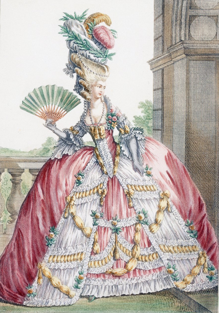 Grand Robe a La Francais, graverad av Voysard, platta från "Galeries des Modes et Costumes Francais", ca 1778-87 av Claude Louis Desrais