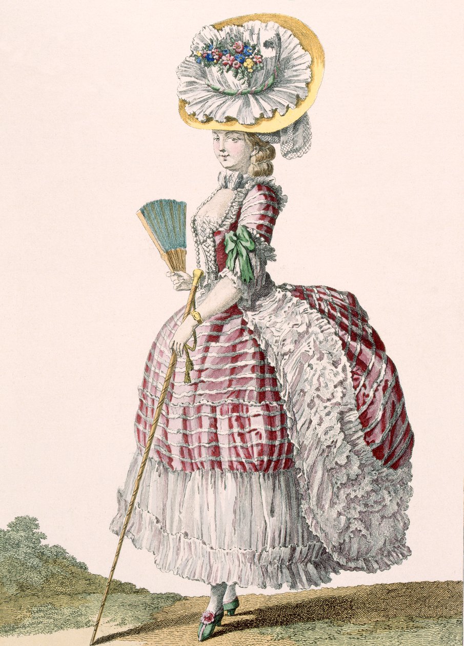Dam klädd i polonaise, graverad av Dupin, platta nr 82 från "Galeries des Modes et Costumes Francais", ca 1778-87. av Claude Louis Desrais