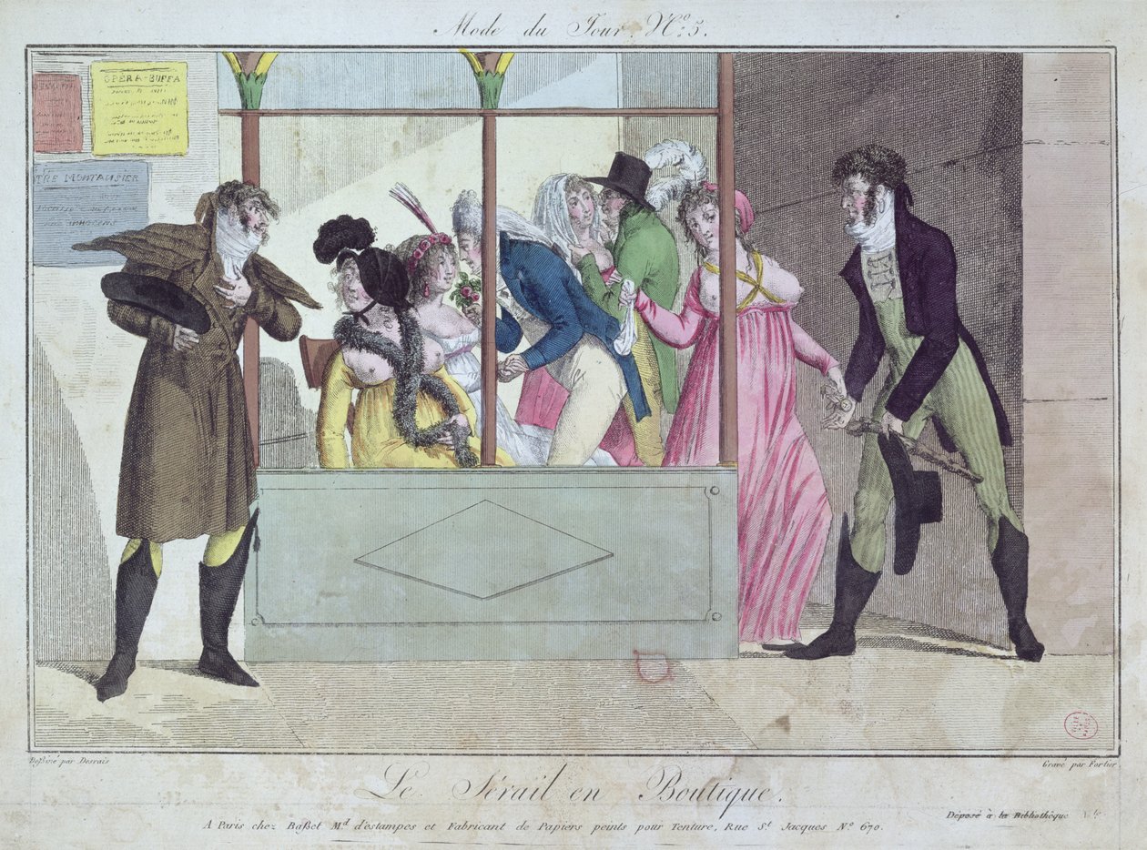 Prostituerade i Palais-Royal, från Mode du Jour, graverat av Fortier, början av 1800-talet (handkolorerat gravyr) av Claude Louis Desrais