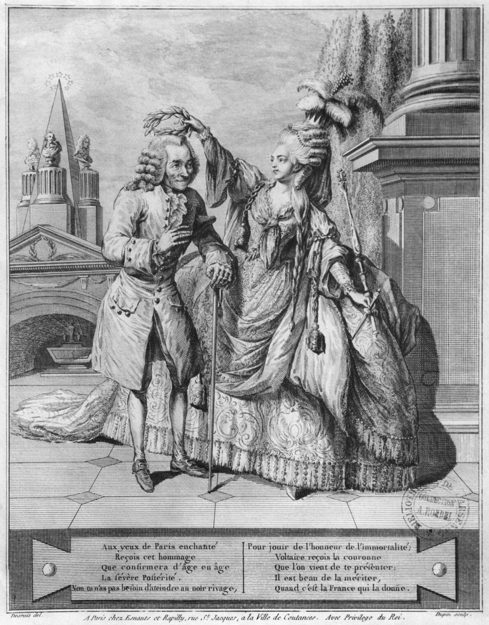 Voltaire krönt av Mademoiselle Clairon, graverad av Jean Victor (f.1718) 1791 av Claude Louis Desrais