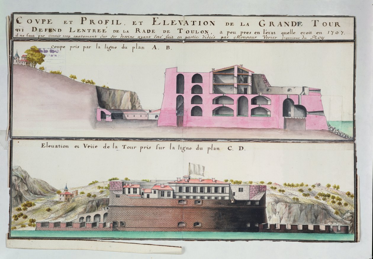 Ms 508131 K fol.107 Tvärsnitt och höjd av hamntornet i Toulon, från 