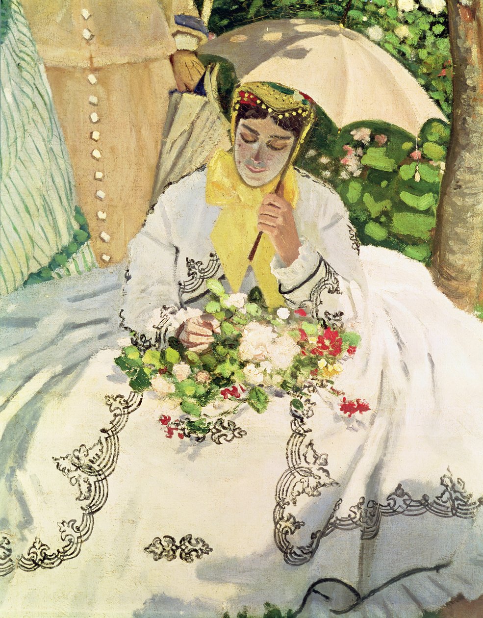 Femmes au jardin detalj av en sittande ung kvinna som bär ett parasoll, ca 1866 olja på duk av Claude Monet