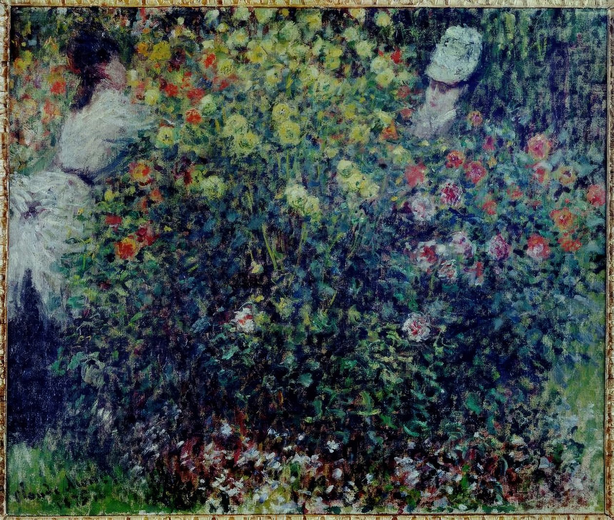 Unga flickor i en klump av dahlior av Claude Monet