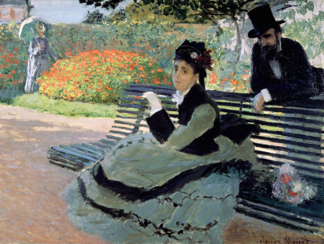 Madame Monet på en trädgårdsbänk av Claude Monet